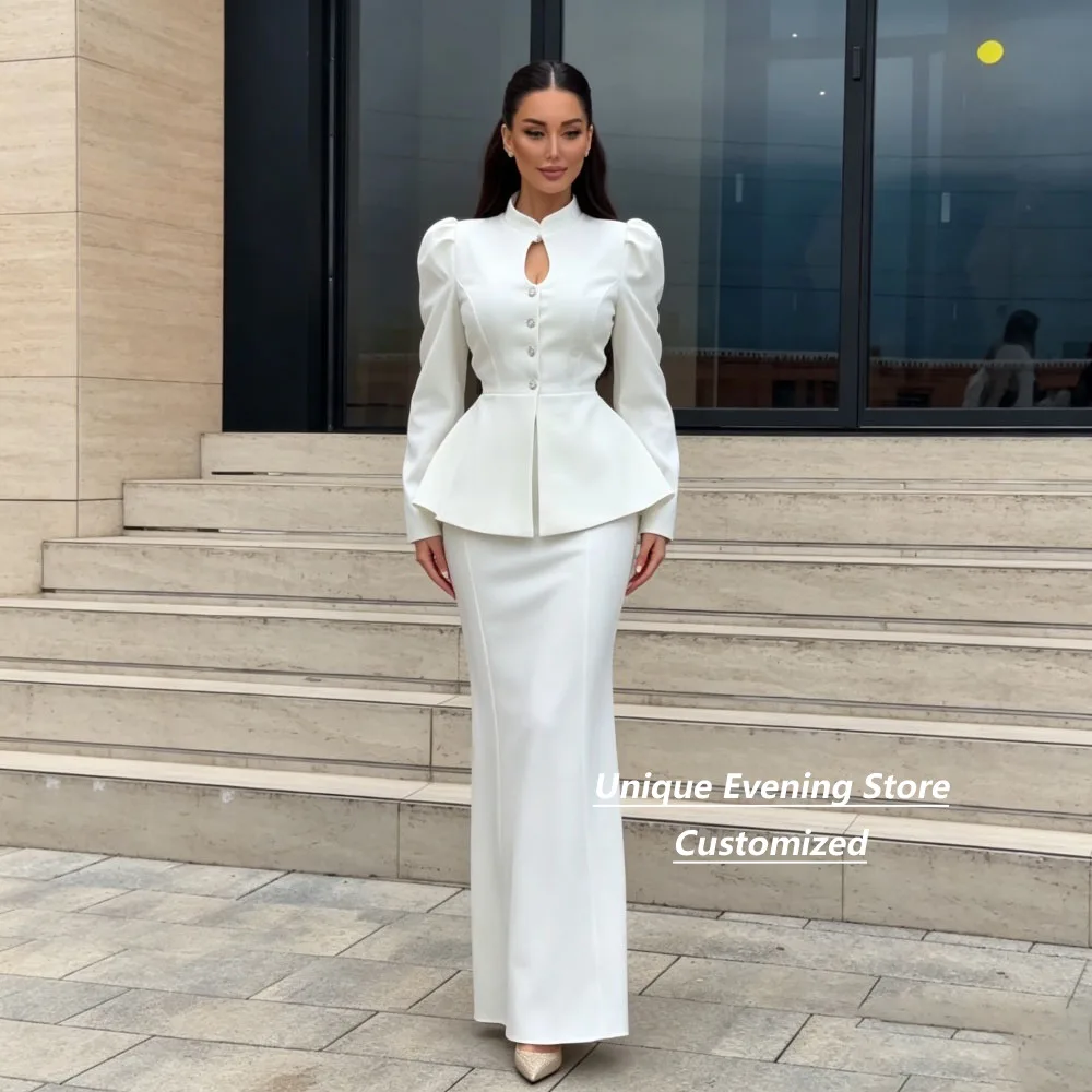 Customized Ivory White Two‑Piece Outfit Stand Collar Keyhole Puff Long Sleeve Peplum Jacket Long Mermaid Evening Dresses