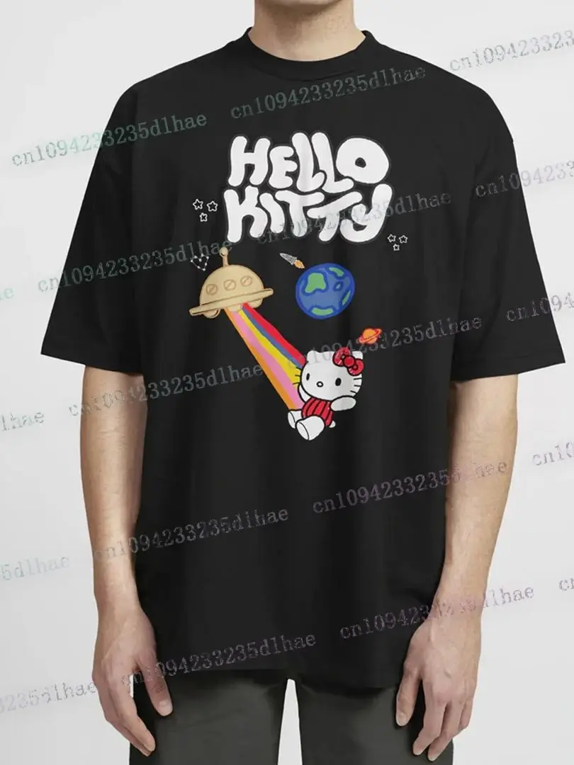 الفضاء خربش مرحبا كيتي المحملة أنيمي قميص رجالي الكرتون القط تي شيرت Harajuku Kawaii الصيف تيز ملابس قطنية هدية فكرة تيز