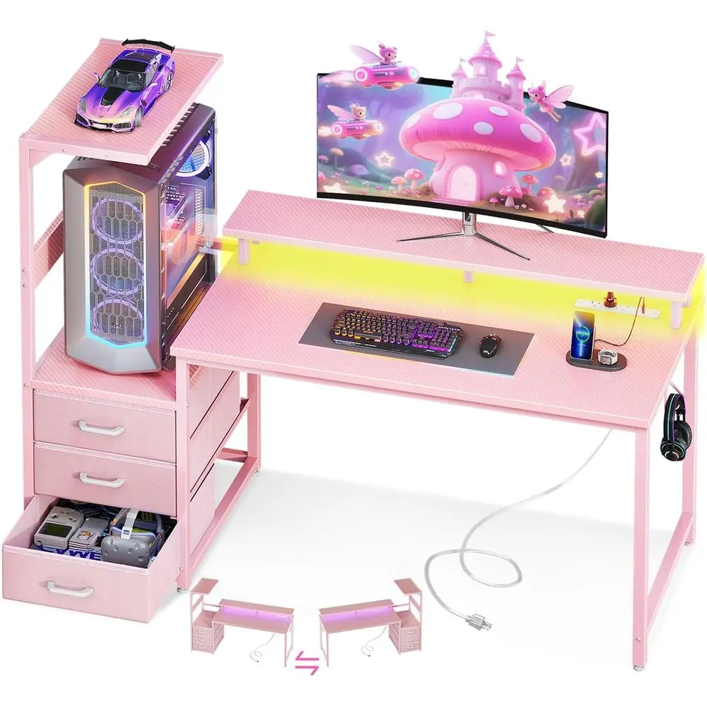 52 LED 게이밍 책상, USB 포트, 양면 사용 가능, 수납 선반 및 모니터 스탠드 포함, 모던 카본 파이버 핑크 책상, 패브릭 서랍 포함
