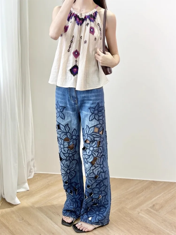 Celana Jeans Wanita Musim Panas Celana Panjang Lurus Bordir Bunga Celana Panjang Denim Pinggang Tinggi Antik Berongga Kasual Pakaian Jalanan Desainer