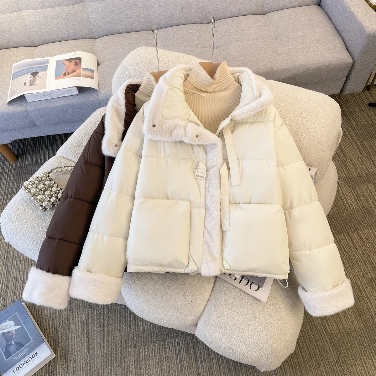 

Plush Collar Patchwork Cotton Jacket For Women Quilted Large Pocket Winter Thicken Coat Korean Casual Fashion Warm Overcoat