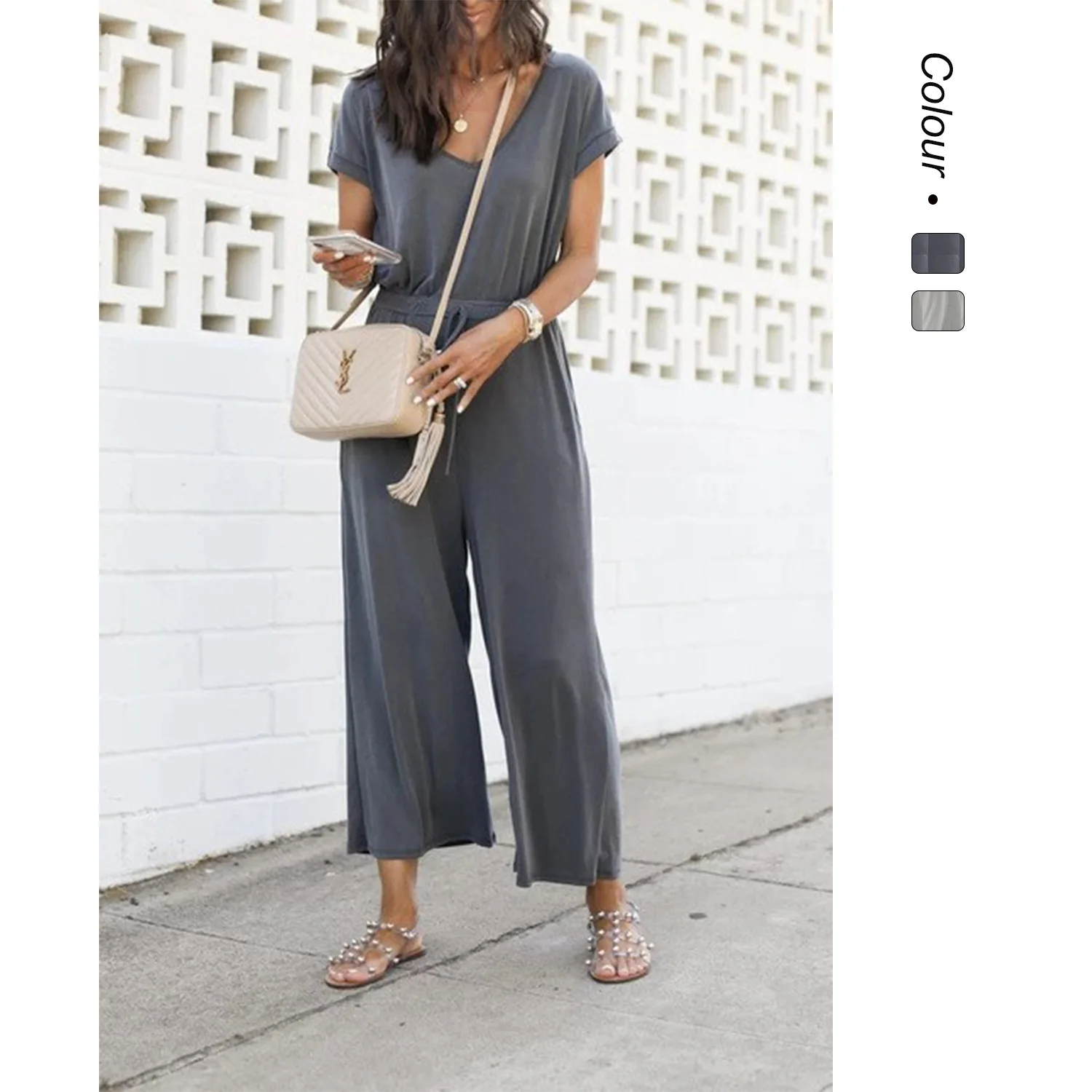 

2026 Ins Casual Fashion Spring Summer New Elastic Waist V-neck Wide-leg Jumpsuit For Women 192 Summer Dresses 2026 Femme Beach