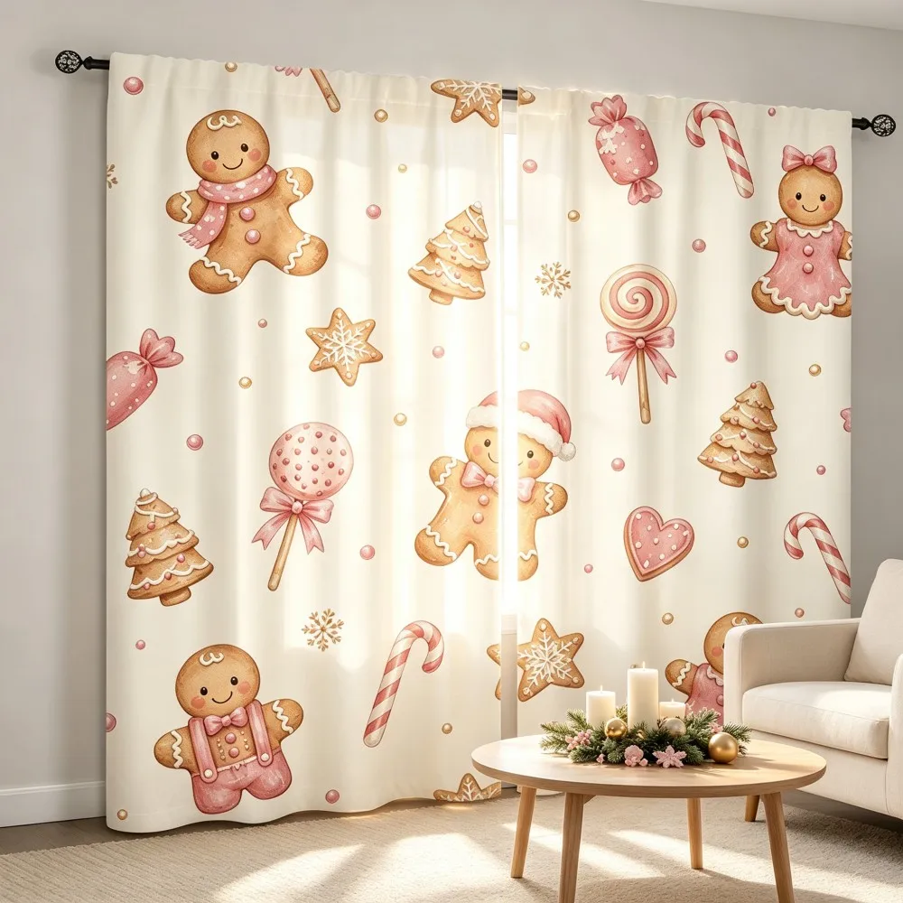 2PCS Christmas Winter Curtains, Pink Watercolor Gingerbread Candy Cane Tree, Digital Print, Bedroom Living Room, Home Decor
