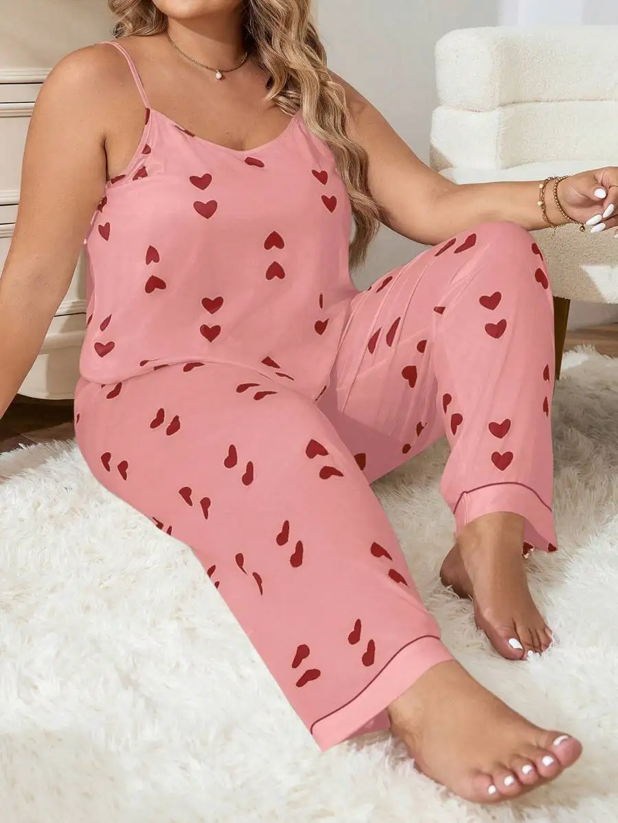 

Plus Size Women Heart Print Cami Pajama Set Sleepwear