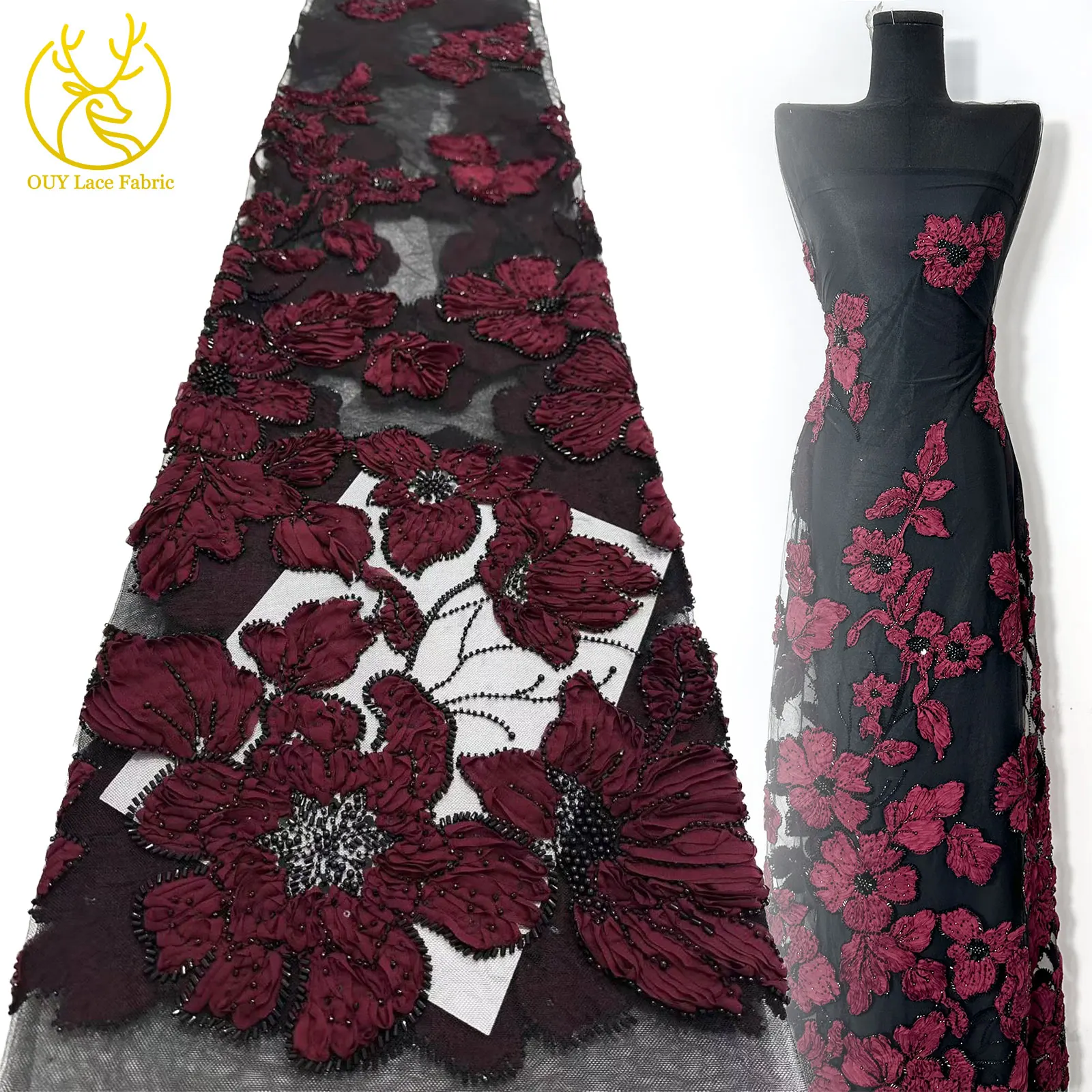 

French 3D Flower Wedding Dress Lace Fabric African Nigerian Beaded Sequins Embroidered Lace Fabric for Wedding Party 5 Yards