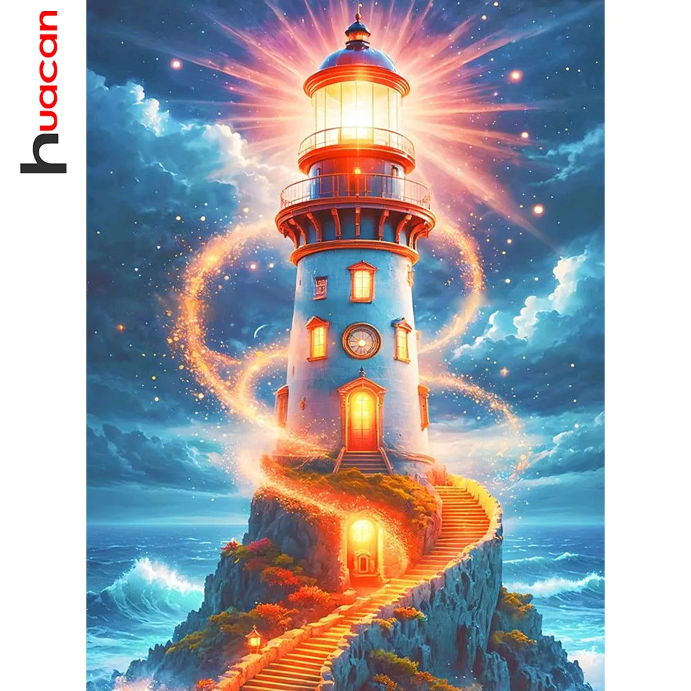 Huacan Voll-Diamant-Gemälde, Meereslandschaft, Sternenhimmel, Leuchtturm, Diamant-Stickerei, Landschaft, neue Kollektion, Geschenk