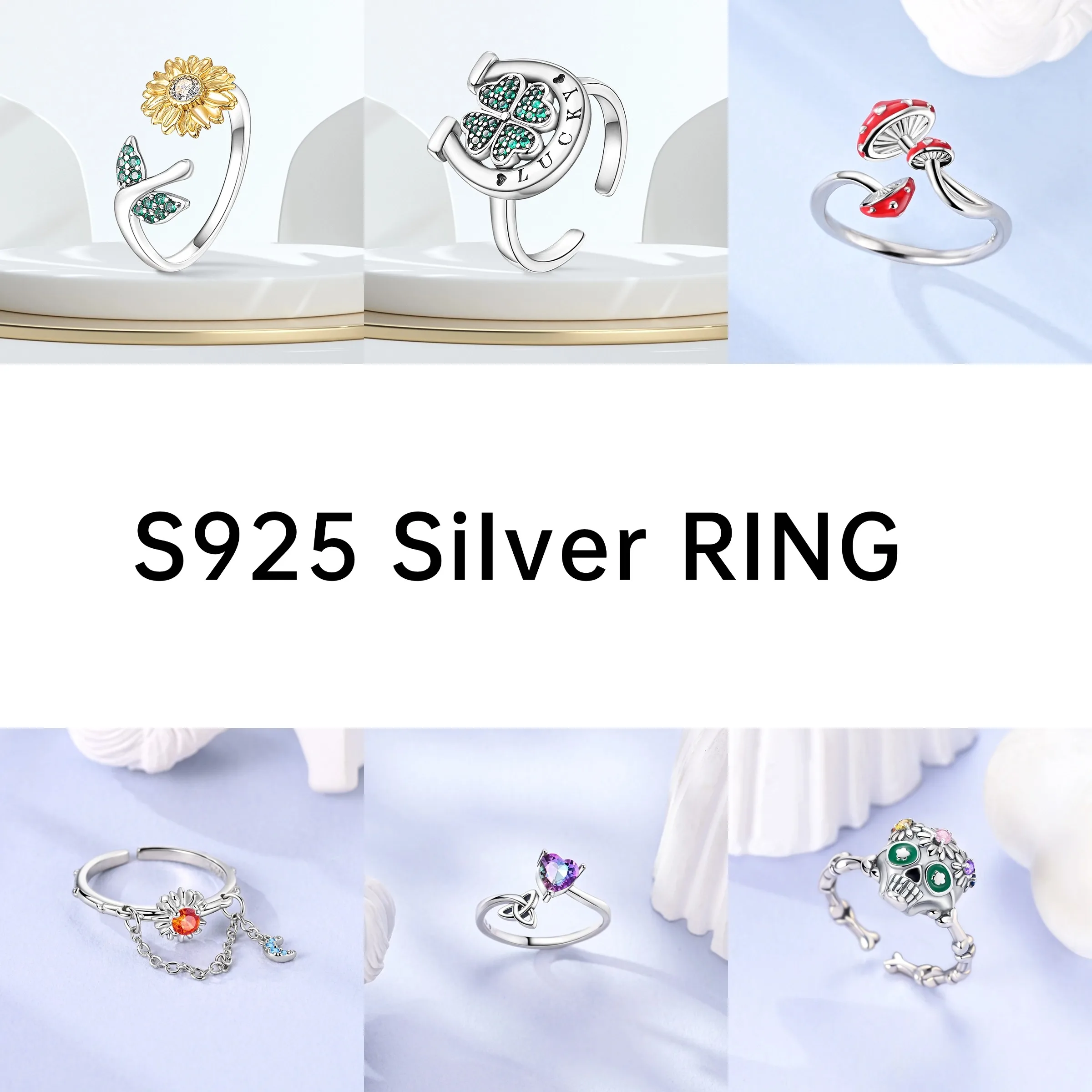 Women's Blue Star Clover Adjustable Ring, 925 Sterling Silver