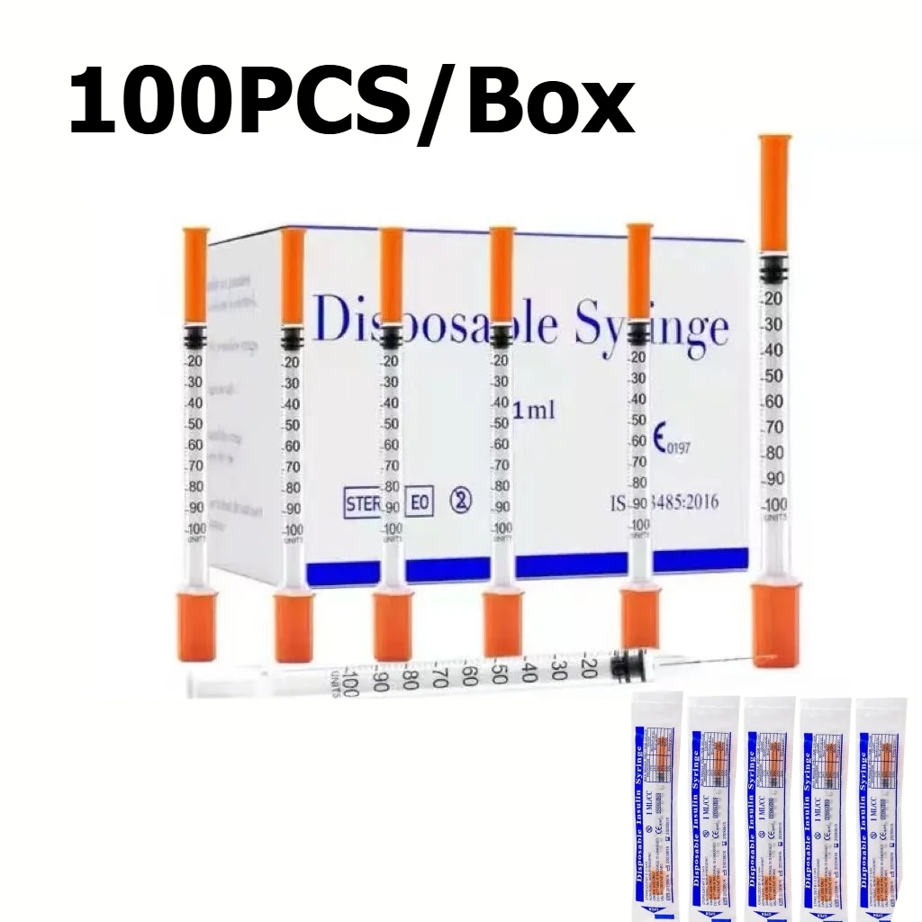 100pcs 1ml/cc 30G 8mm 31G 6mm Disposable Sterile Orange Insulin Syringe With 5/16