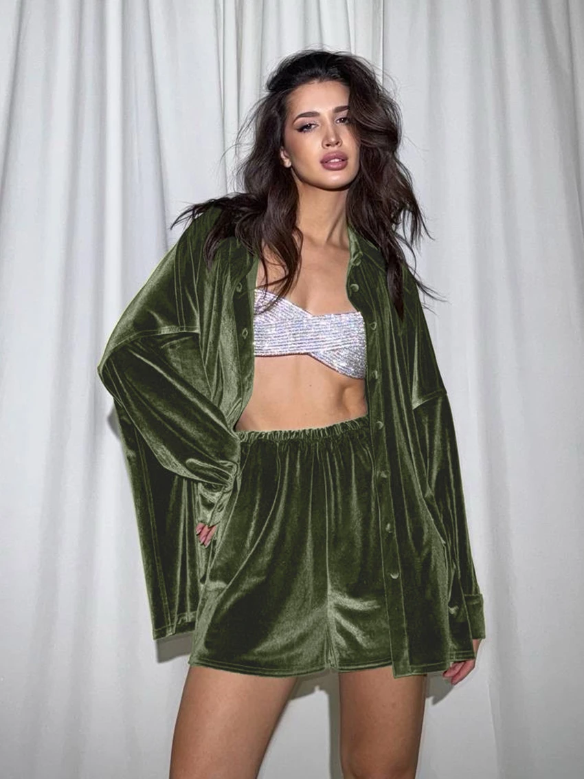 

Marthaqiqi Velvet Female Sleepwear Set Long Sleeve Pajamas Turn-Down Collar Nightwear Shorts Winter Women Nightgown 2 Piece Suit