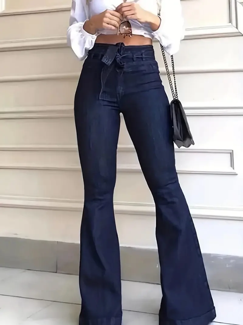 

Dark Blue High-Waisted Flared Jeans Women's Classic Straight Leg Stretch Denim Pants