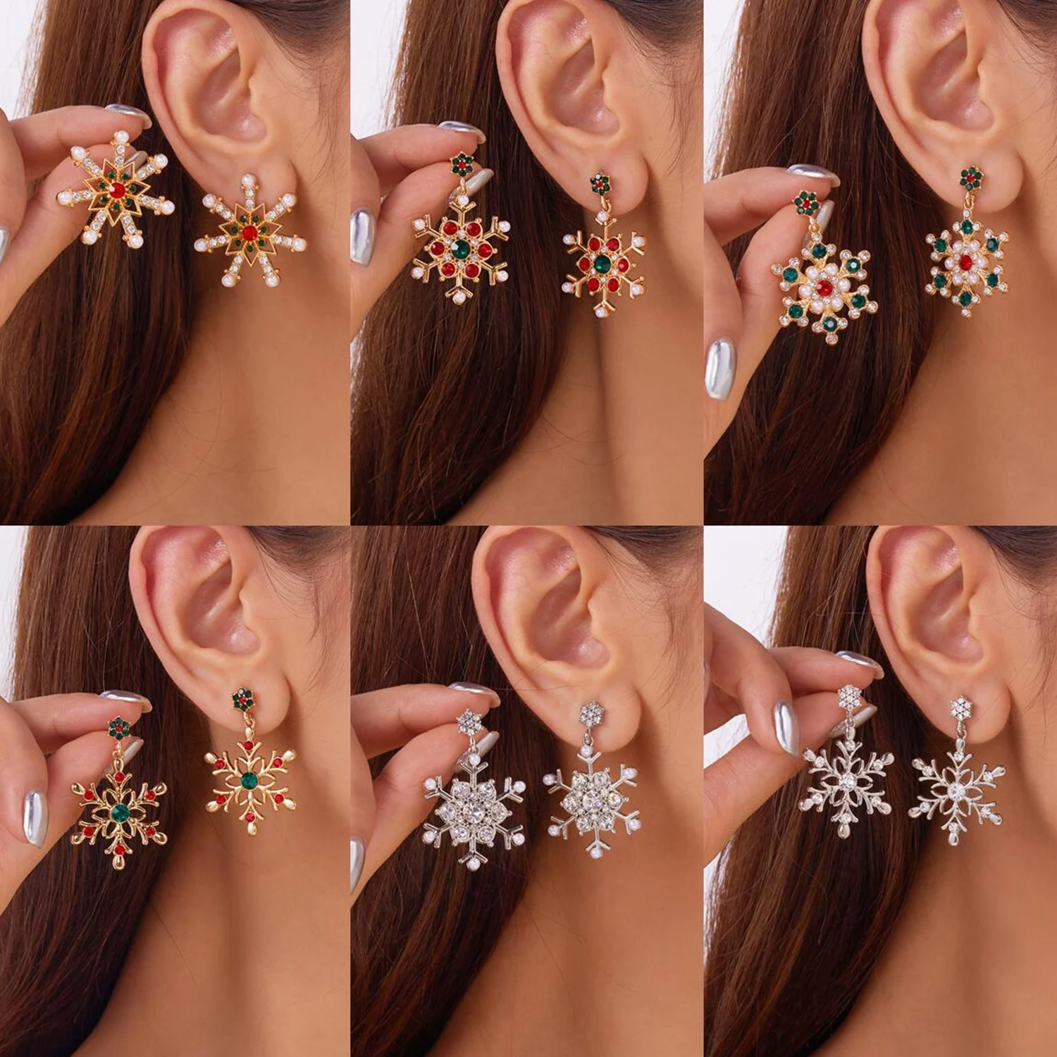 Modische Weihnachts-Schneeflocken-Ohrstecker für Frauen, Kristall-Zirkon-Perlen-Ohrhänger, Ohrschmuck, Geschenke für Neujahrspartys – Detail 5