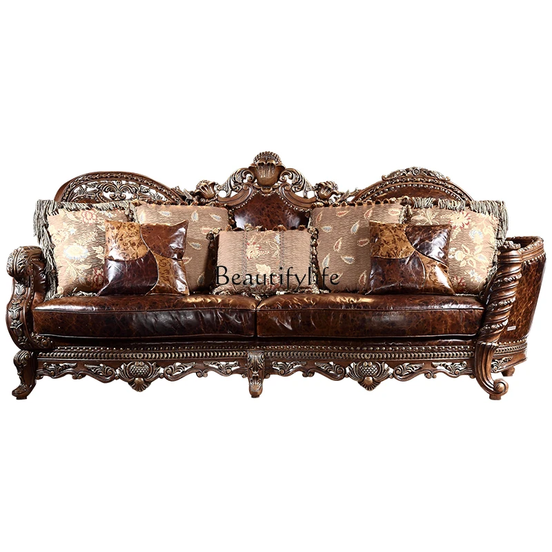 

Американский диван из цельного дерева 123, комбинированный винтажный кожаный диван в европейском стиле, роскошная мебель для виллы