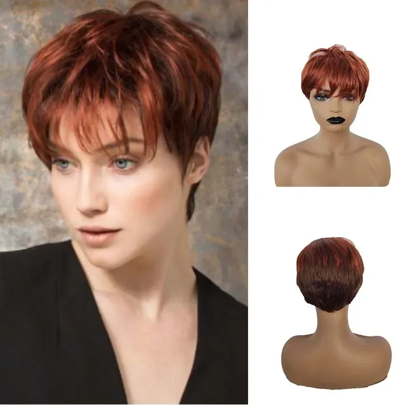 

Dark Root Ombre Orange Brown Blonde Short Hair Wigs Fluffy Pixie Cut Synthetic Wig for Black White Women Heat Resistant