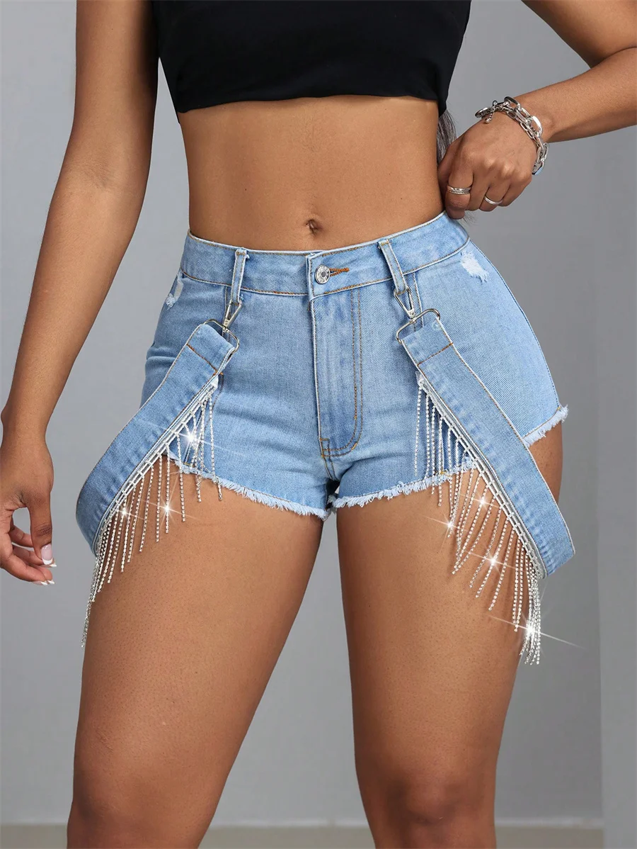 

Benuynffy Ripped tape Raw Hem Denim Shorts Women's Summer Mid Waisted Casual Streetwear Jean Super Shorts Fashion 2024 New