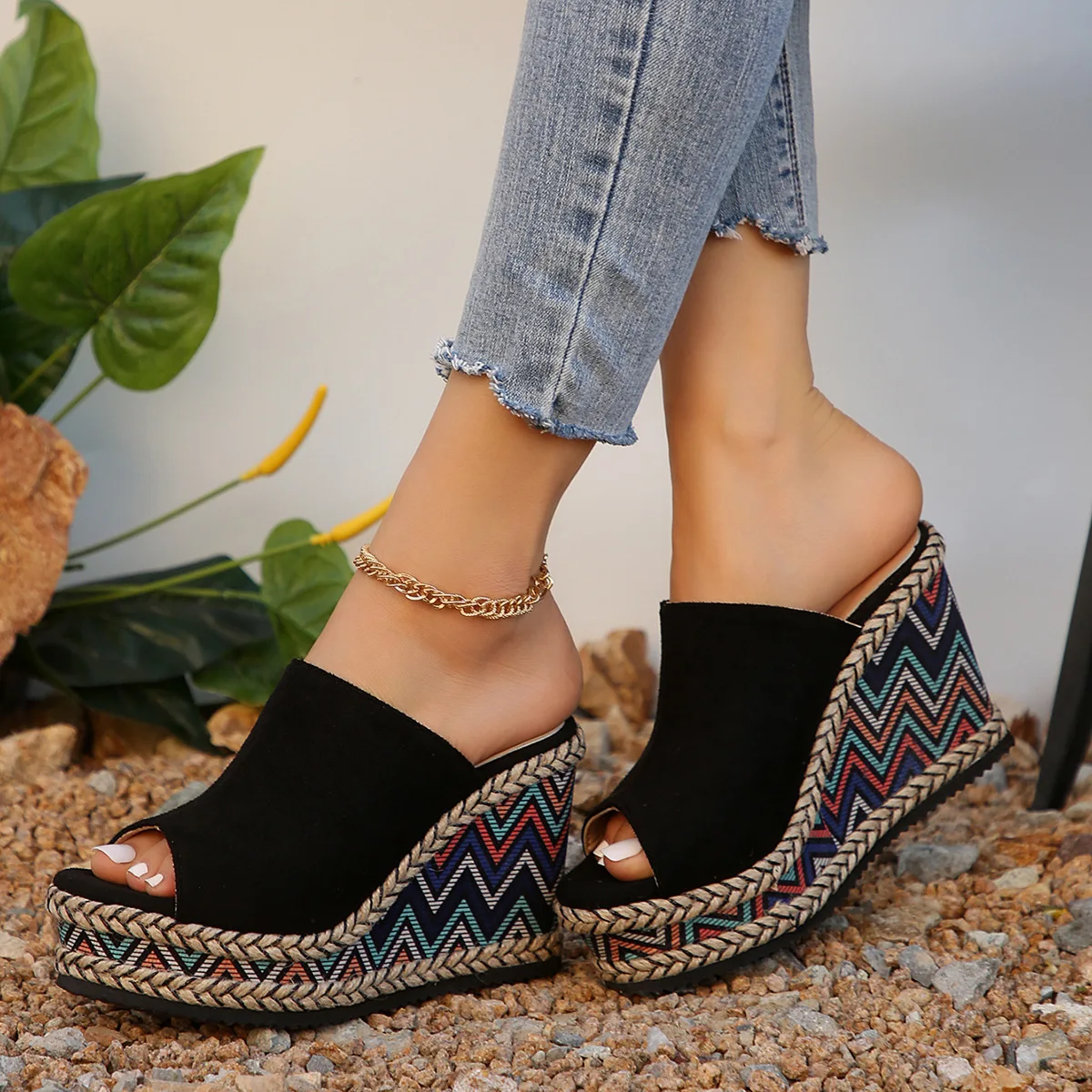 

2024 Summer Foreign Trade New Round Head Fashion Color Europe and The United States Style One Word Women's Wedge Slippers