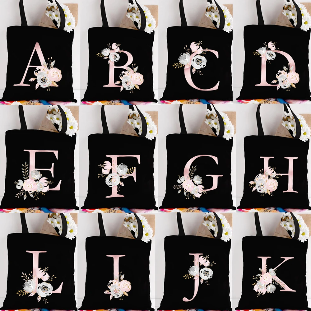 Pink English Flower initials Letter Print Shopping Bag Shopper Bag Totes Large Capacity Fashion Shoulder Bags Gift For Friends