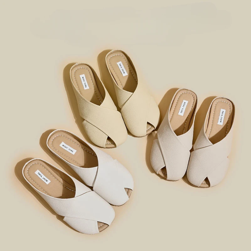 Summer 2024 Leather Mules Women\'s Slippers and Ladies Sandals Home House Slides Indoor Flat Shoes B Shoe I New Fashion Footwear