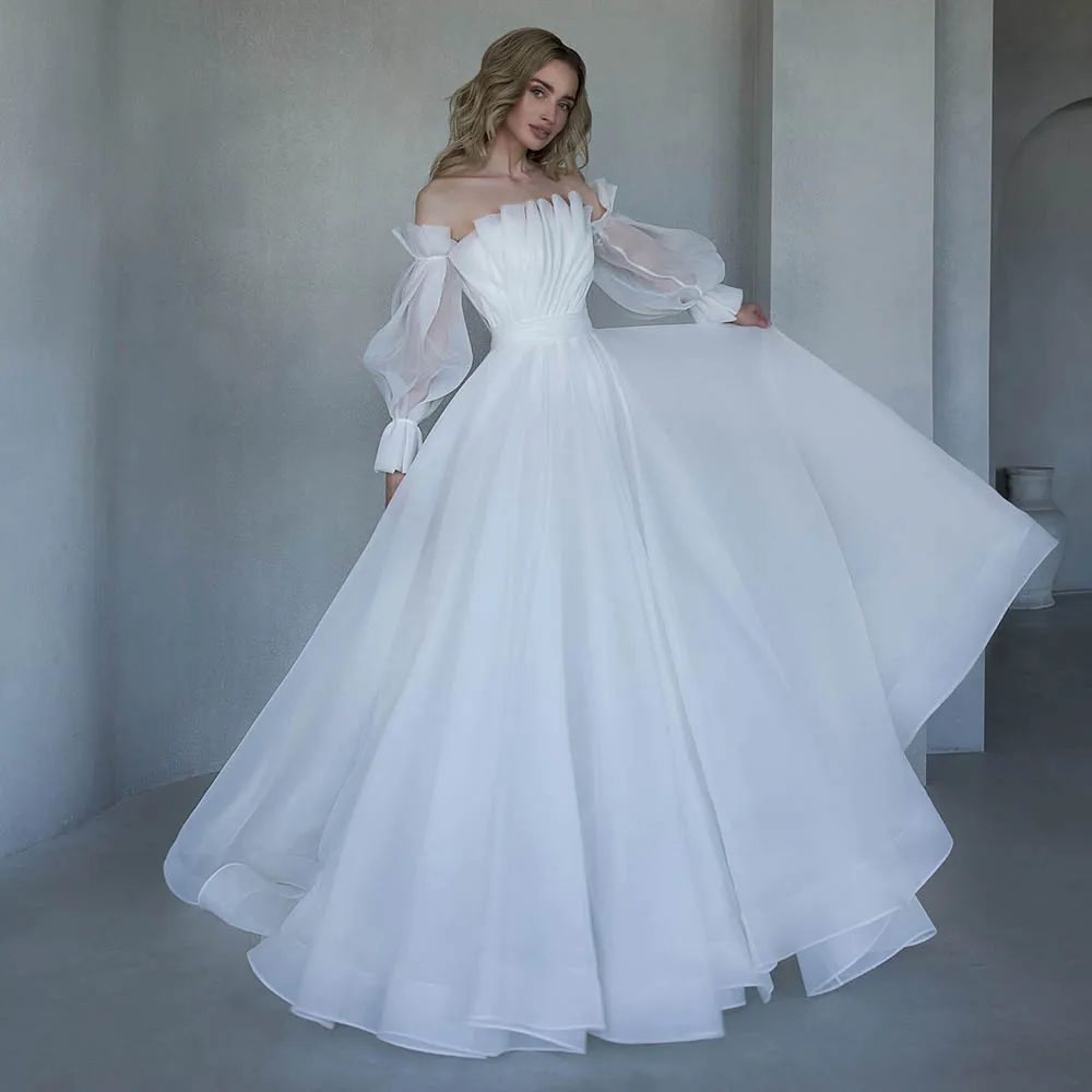

Customized Organza Wedding Dresses Elengant Strapless A-line Bridal Gowns Off Shoulder Dtachable Puff Sleeve Brides dress