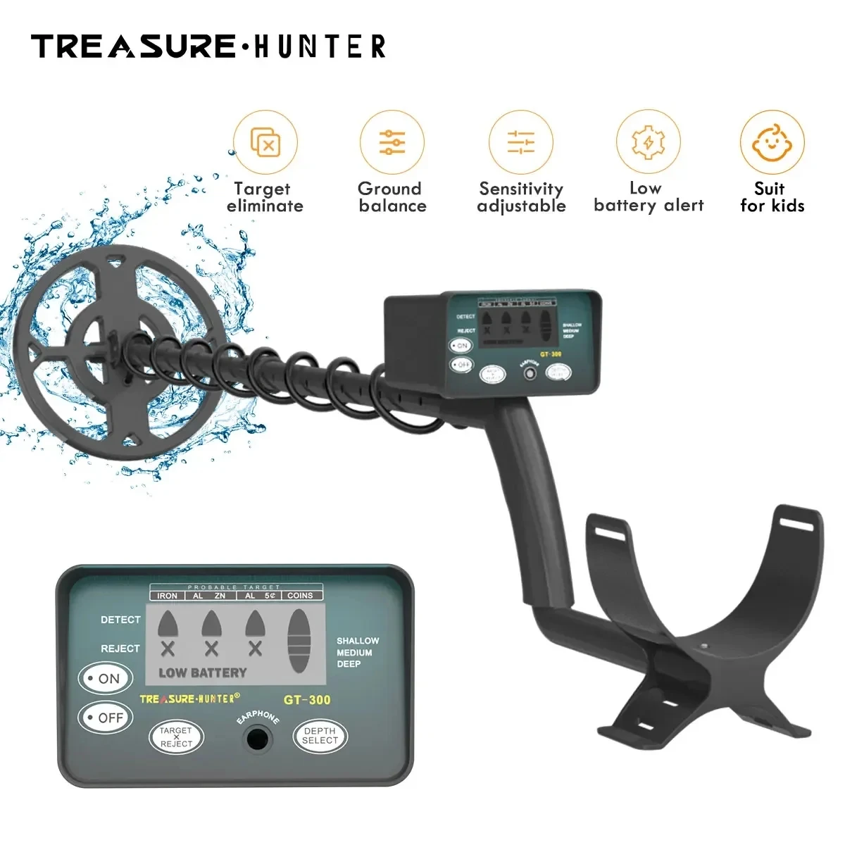 Treasure Hunter GT300 Metal Detector Professional High Sensitive Underground Pinpointing Adjustable Tracker IP68 Waterproof