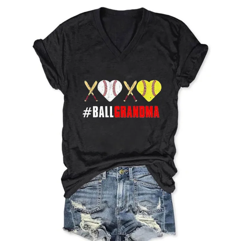 HOT Women's Baseball Print T-Shirts Summer V Neck Tops Short Sleeve Casual Tees