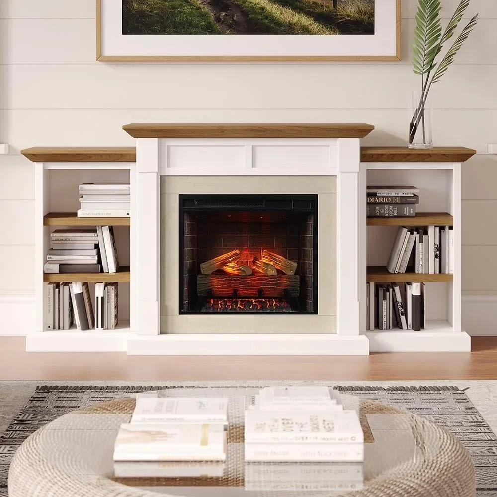 Jackson 55 Inch Mantel Package | Wood Mantel with White Brick Surround | 28 Inch Smart Electric Fireplace Insert w/Remote| 1500W