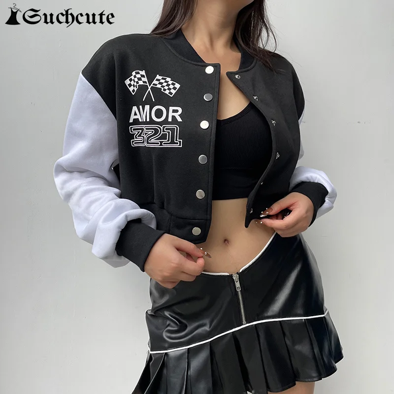 SUCHCUTE Printed Jacket Women Button Up Casual Baseball Uniform Coat Fashion Streetwear Bomber Moto Biker Racing Short Jackets