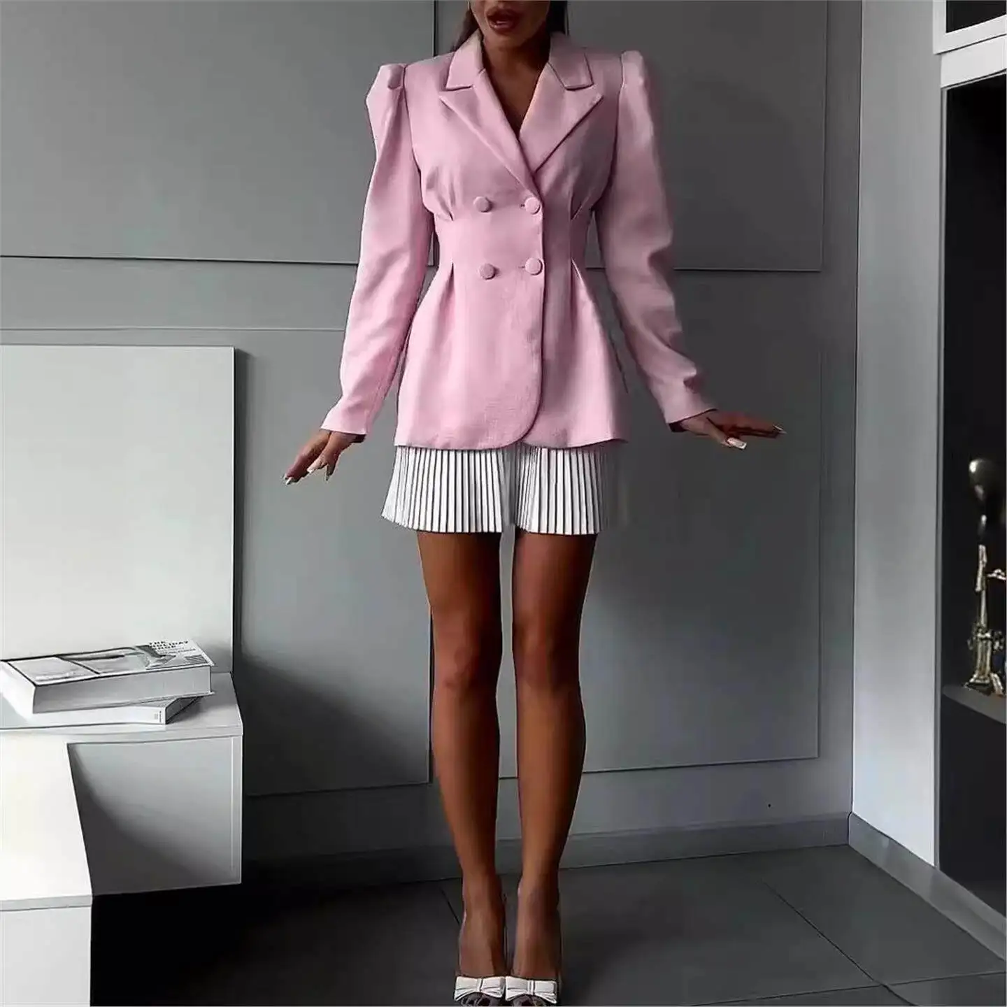 

Pink Long Sleeve Button up Little Suit Cross-Border Style Casual Pants Women's Mid-Low Waist PVC Fabric Pure Color Suit