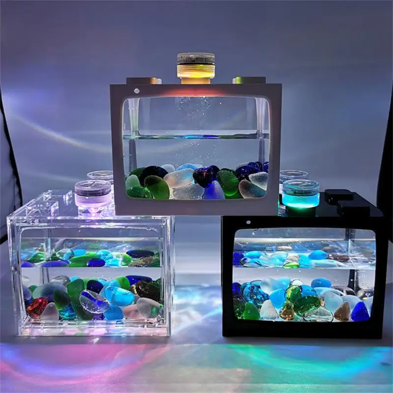 1PCS Aquarium Mini Fish Tank Reptile Pet LED Light Box Stackable Aquarium Cylinder Landscape Seawed For Home Office Decoration