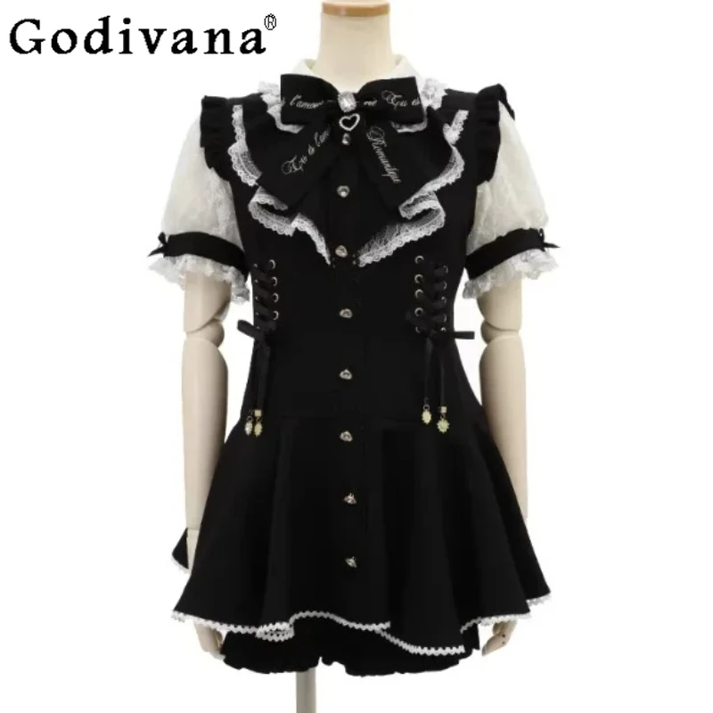 

Large Size New Diamond Buckle Heart Shape Bow Lace Short Sleeve Dress Sets Fashion Sweet Girl A-line Lace-up Japanese Dresses