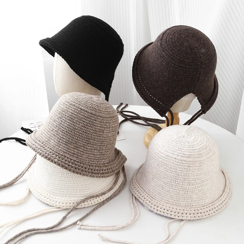 Women's Solid Color Literary Bucket Hat Back Split Lace-up Slimming Casual Cap Fall Winter Fashion Accessory