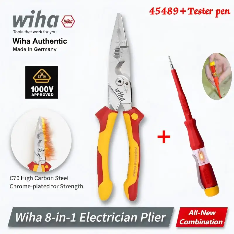 

WIHA 45489 Изолированные плоскогубцы VDE 8 в 1, 1000 В, профессиональный щипцы для зачистки проводов для электрика + бесплатная тестовая ручка