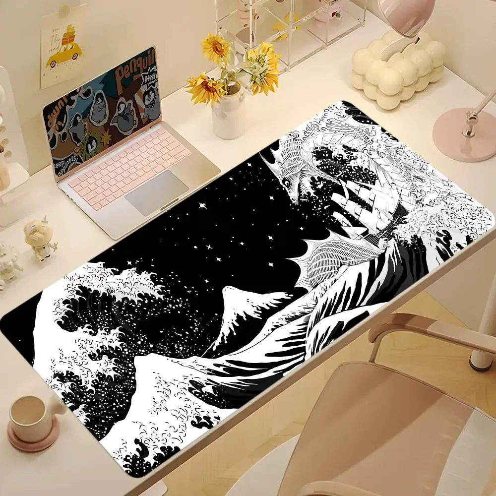 

Japan Wave Art Mouse Pad Large Computer Office Game Table Mat XXL Rubber Non-slip Stitched Edge Keyboard Mats Washable Desk Pads