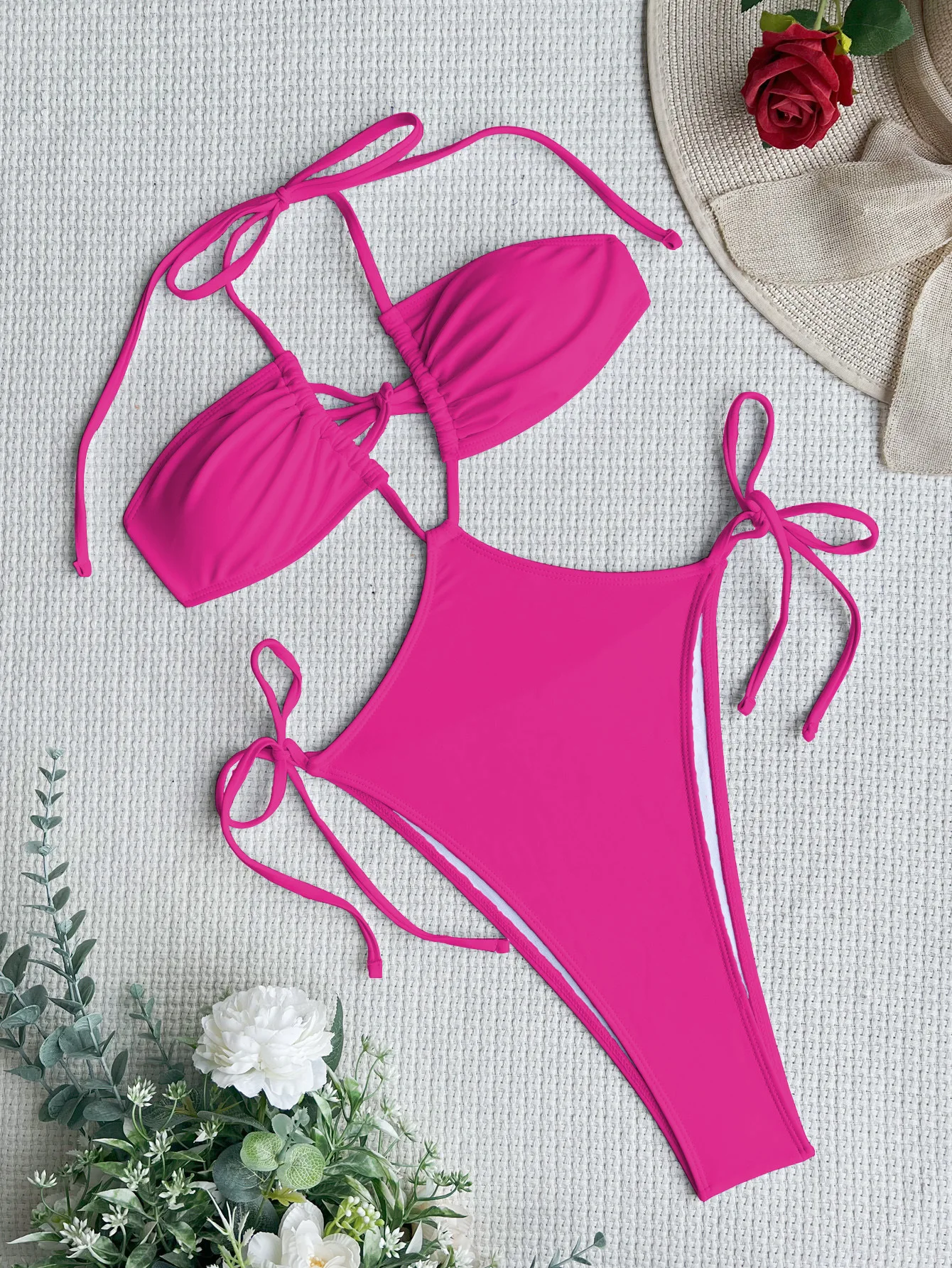 Maillot de bain une pièce, sexy, couleur unie, cordon de serrage, dos nu, col licou, bikini, cravate, vêtements de plage, pour femmes