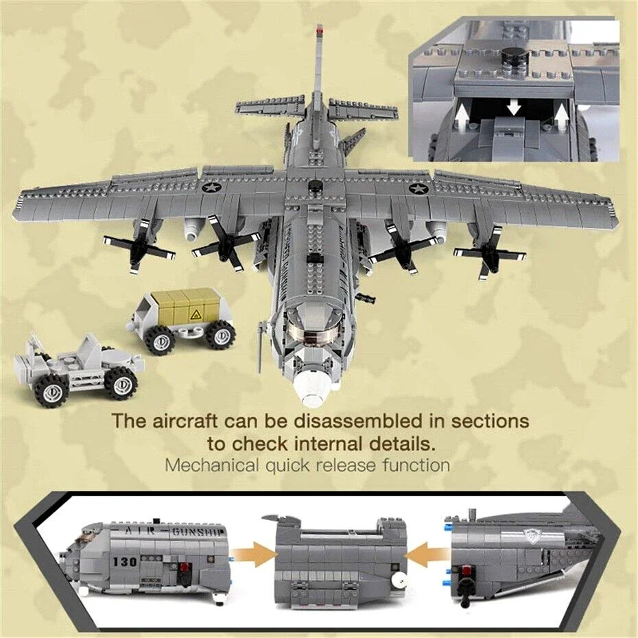 Building Blocks Military MOC WW2 AC-130 Gunboat Aircraft Bricks Models Army Weapon Airplane Kids Toys Gifts for Boys