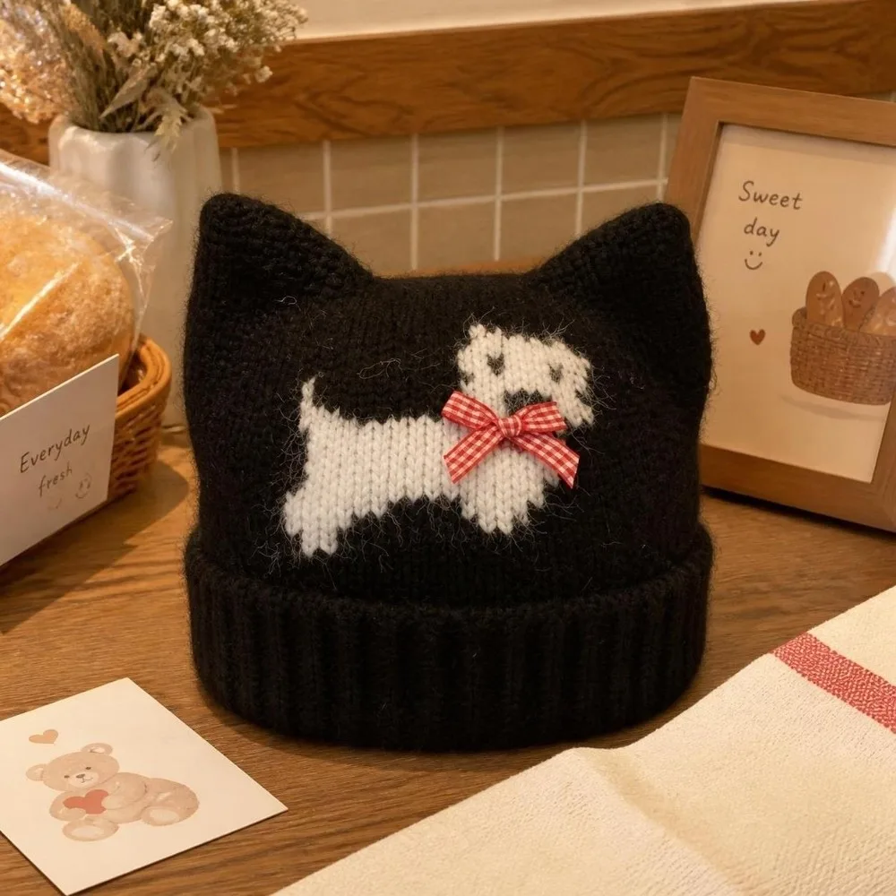 Warm Lining Cat Ear Beanie 56-58cm Ear Protection Fleece Lined Knitted Hat Cold Proof Polyester Fall Winter Knit Hat