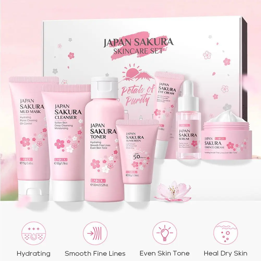 

7pcs/5pcs/Set Sakura Skin Care Set For Women Gift Face Cream Serum Toner Facial Cleanser Sunscreen Eye Cream Gift Box Face Care