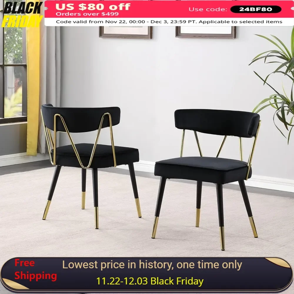 Dining Chair Set of 2 with Gold Accents, Soft Velvet Upholstery, Metal Frame, Zig-zag Backrest Design, Metal Dining Chair