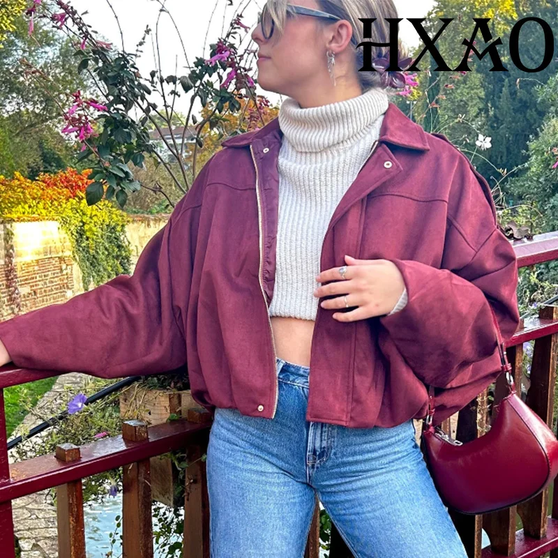 

HXAO Cropped Coat Bomber Jackets For Woman Demi-Season Faux Suede Women's Jacket Long Sleeve Oversize Red New In Outerwears