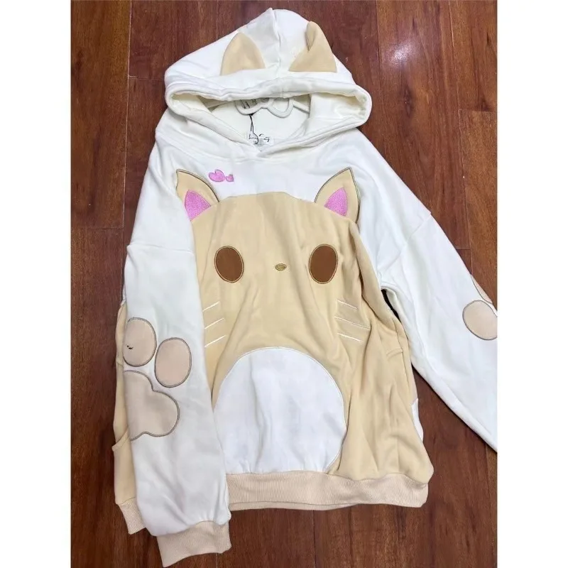 Japanese Two-dollar Cat Print Hooded T-shirt Autumn New Kawaii Long-sleeved Tees Youthful Women's Oversized Loose Casual Tops