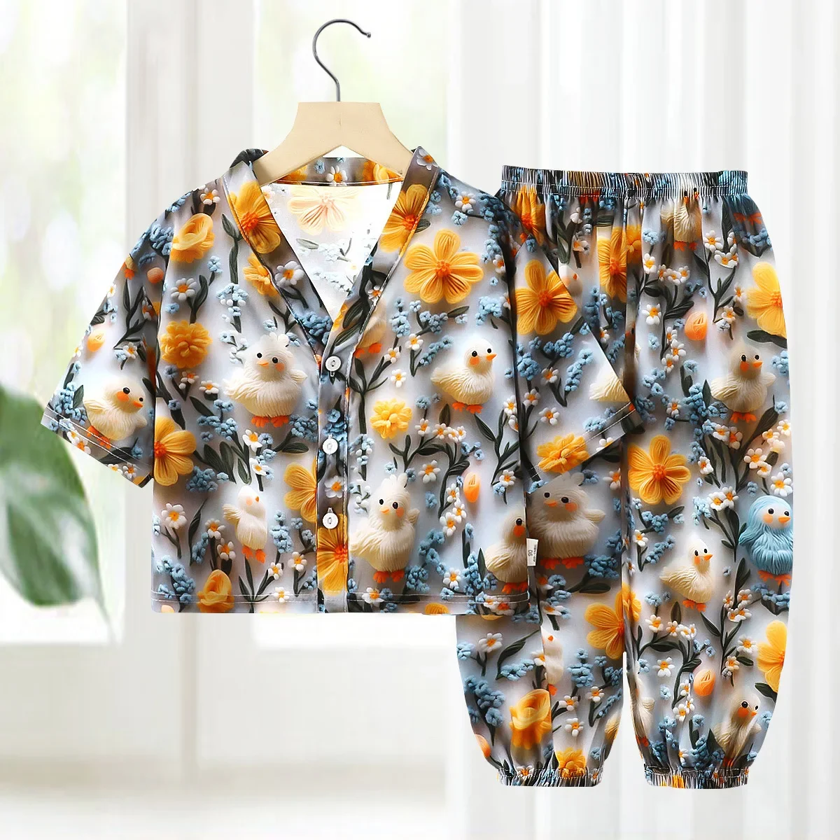 

New 2025 Children Summer Thin Pajamas Homewear Boys Girls Cute Cartoon Print V-neck Loose Pyjamas Casual Sleepwear Clothing Sets