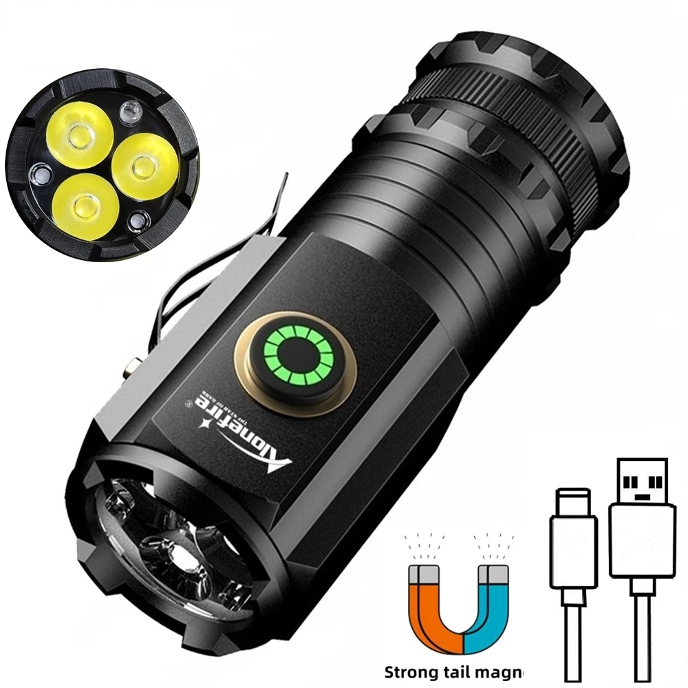 Mini 3xP35 Led High Bright Small Flashlight Type-C USB Rechargeable Magnet Work Car Rrepair Light Child Pocket Torch 18350 X23