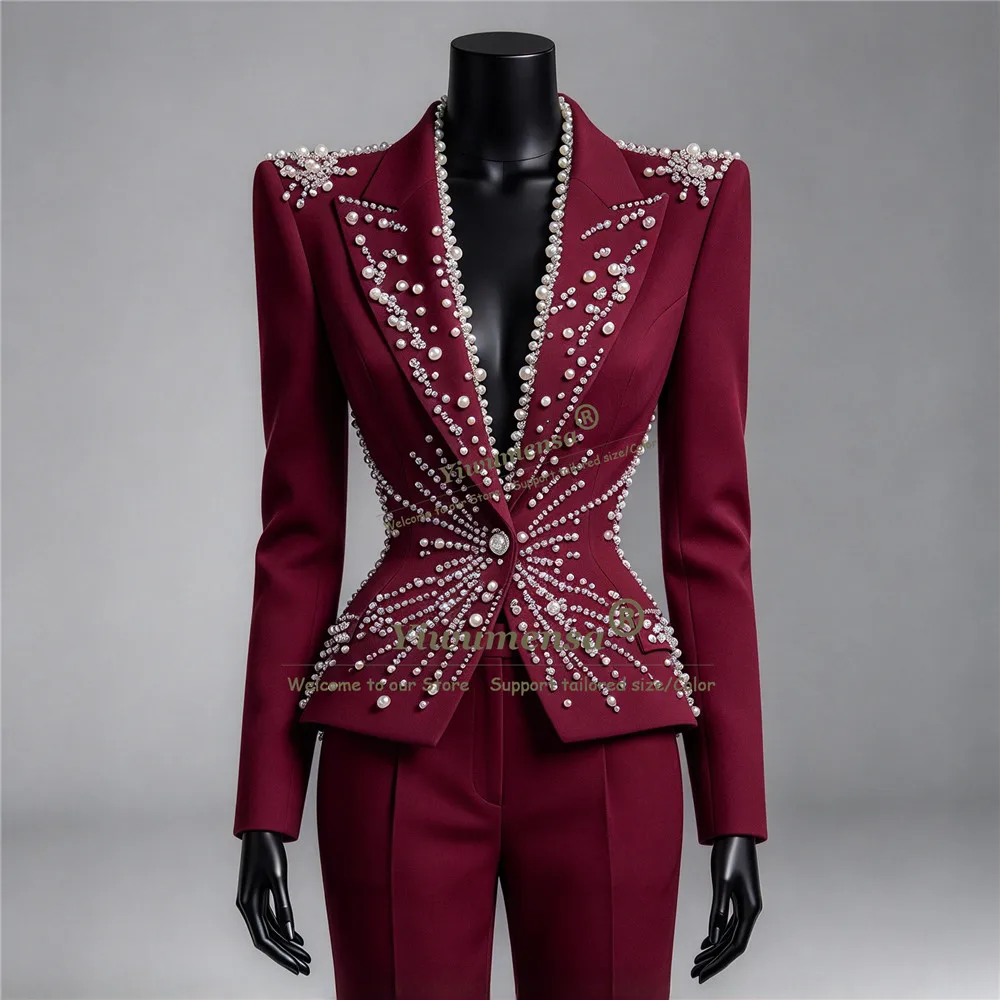 Pink Women Suit Set 2 Piece Pearls Blazer+Trousers Luxury Formal Office Lady Jacket Customized Prom Wedding Guest Mother Outfits - view 4