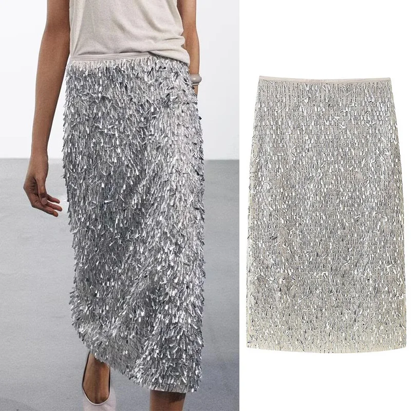

PRINTKAOIR 2025 Summer Women's Clothing Style Fashion Bead Decoration Midi Half Skirt Sequins Wrap Skirt High Waist Dance Skirt