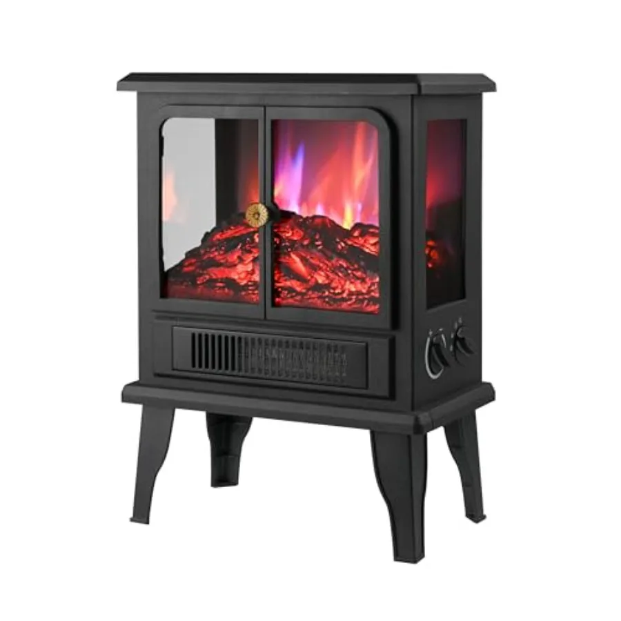 Electric Fireplace Heater, Realistic Flame Effect, 1500W Freestanding space heater, 2 heat settings, 3-sided viewing windows, w