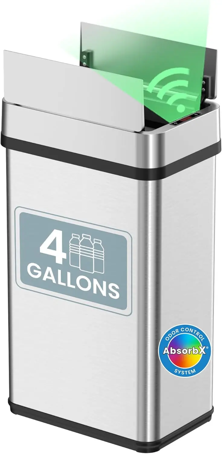 

15 Liter / 4 Gallon Stainless Steel Wings Open Lid Sensor Bathroom Trash Can, Touchless Automatic Operation, Compact Design