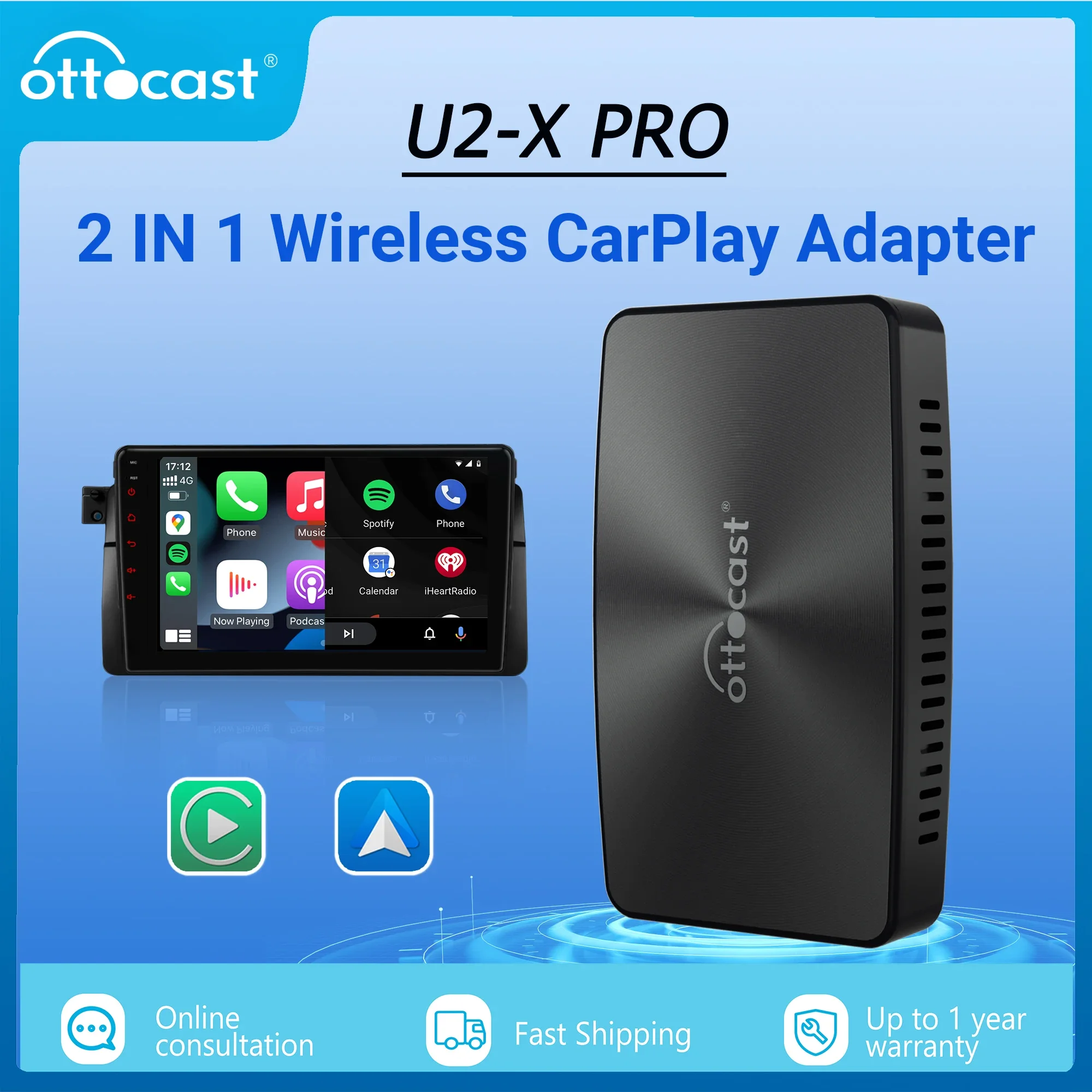 OTTOCAST bezprzewodowy CarPlay Android Auto Adapter Apple Carplay odtwarzacz w obudowie do samochodu akcesoria do Audi Benz Toyota Kia VW