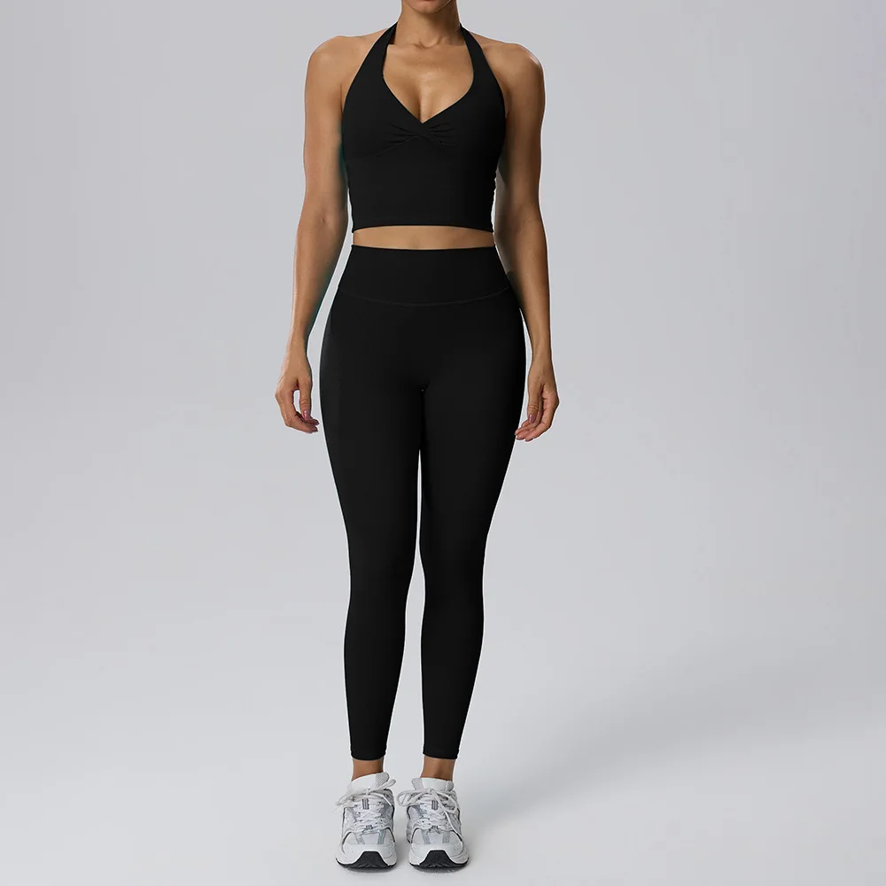 Naked Yoga Set V-neck Hanging Neck Tank Top Beautiful Back High Waist Hip Lifting Elastic Pants Fitness Training Two piece Set view 5