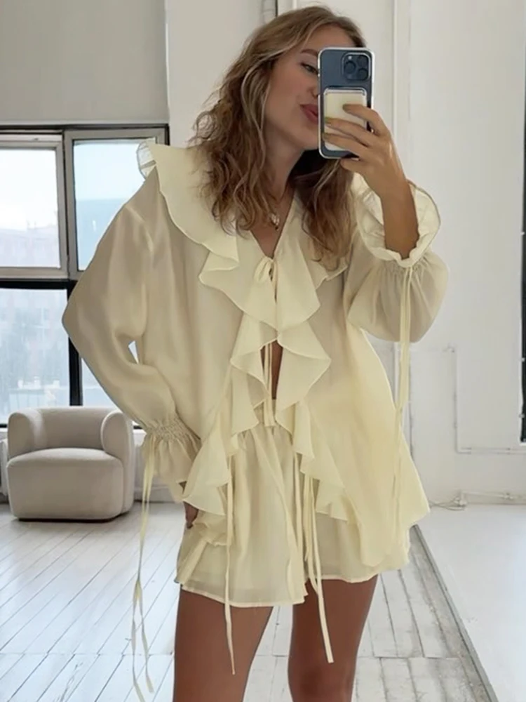 Talenza Women's Ruffle Shorts Two Piece Set Casual Ruffle Loose Lace-up Top Slim Shorts Set Summer Office Lady Female Shorts Set