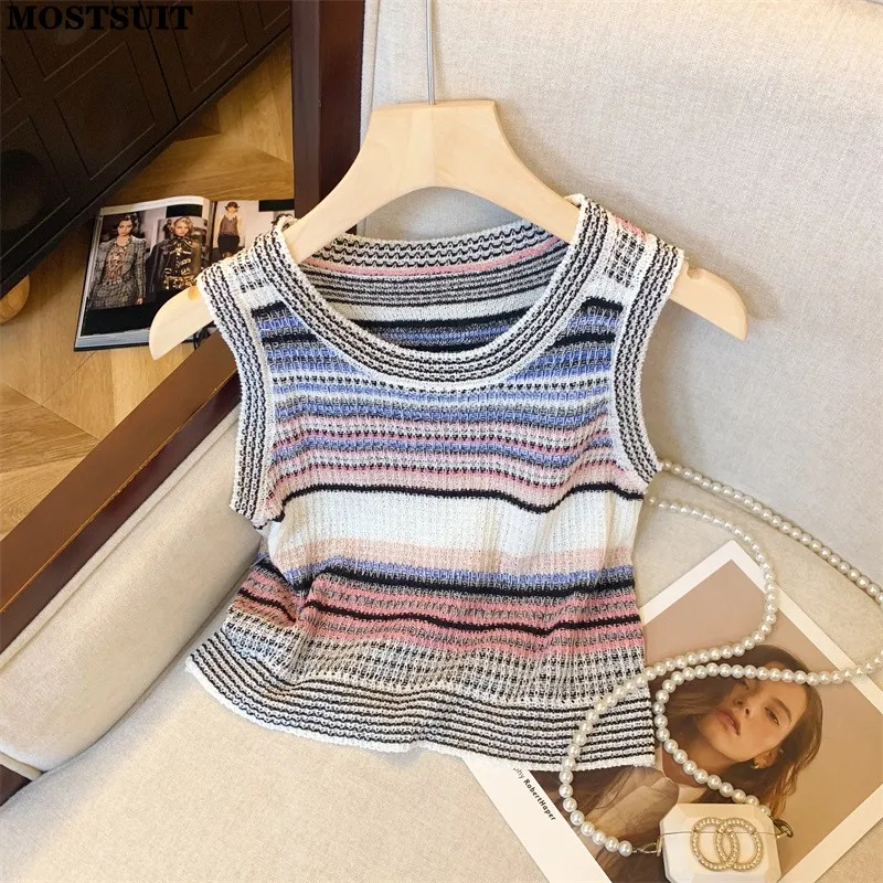 Striped Vests Tees For Women Summer Sexy Streetwear Vintage Chic Slim Knit Crop Tops Knitwear Sleeveless O-neck Ladies Jumpers