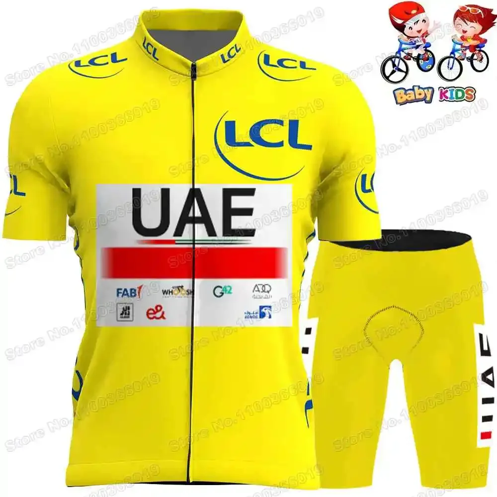 2024 Kids UAE Team Cycling Jersey France TDF Set Yellow Pink Boys Girls Cycling Clothing Tadej Pogacar Children Road Bike Suit